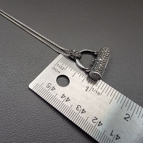 925 Marcasite Purse Pendant Necklace | 925 Italy Chain | Hinged Openwork Design - Picture 7 of 8